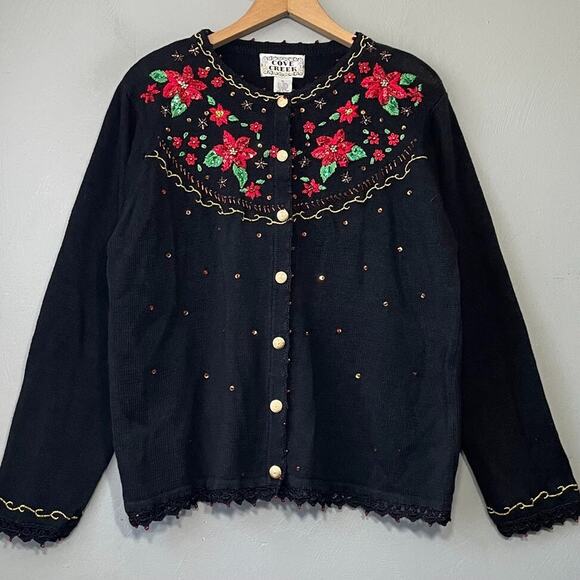 Cove Creek Sweaters - Cove Creek Size XL Black Embroidered Sequin Sweater Christmas Poinsettia Grandma